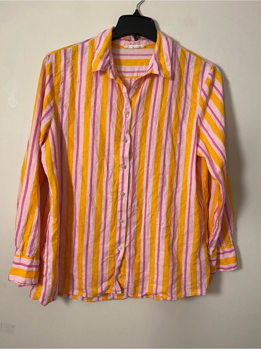 Linen blend Striped Button-Down Shirt in Yellow & Pink